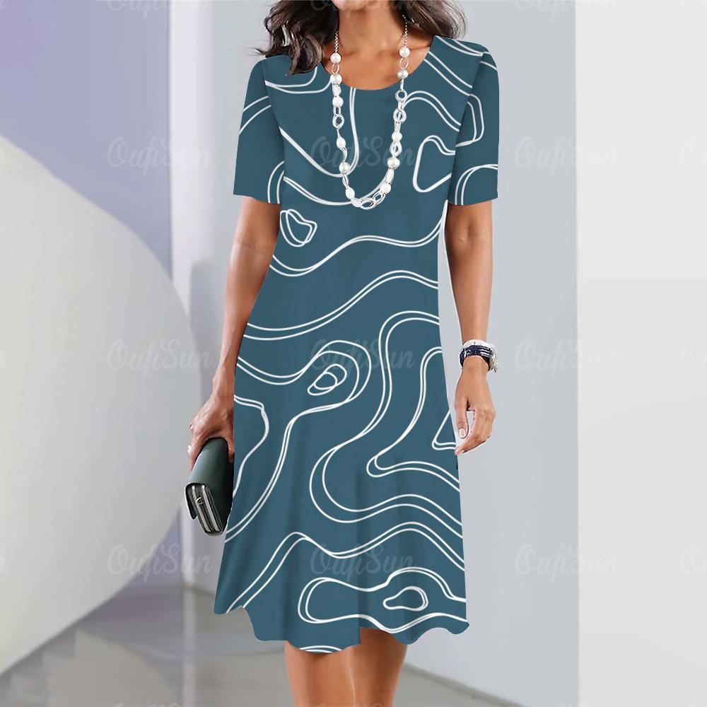 2026 New Fashion Striped Printed Dress Women's Elegant Casual Loose Short-sleeved Dress