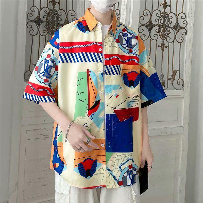 Men's Harajuku-Style Retro Floral Short-Sleeve Shirt: Hong Kong Ulzzang Beachwear with Sun Protection, Perfect for Couples.
