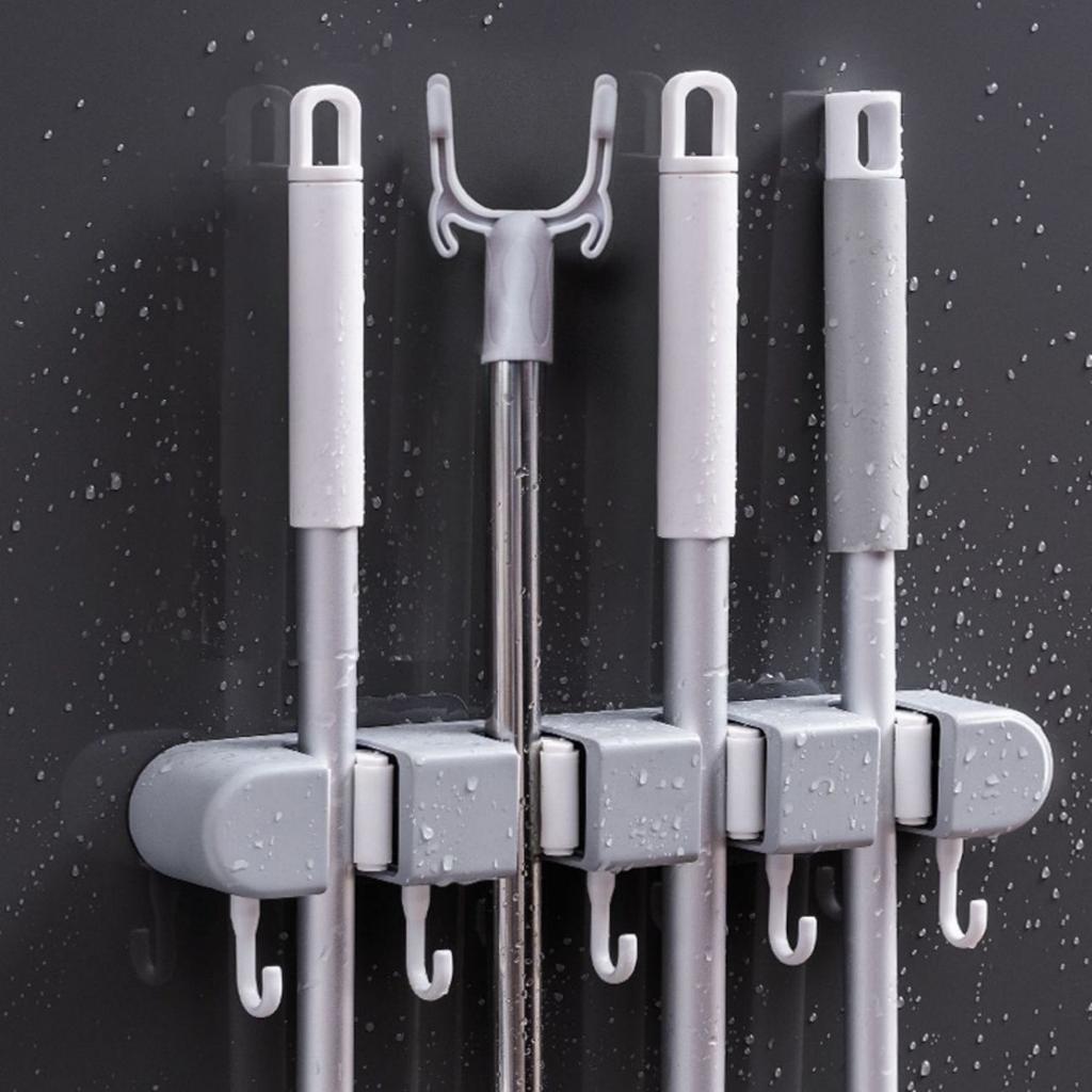 Wall Mounted Mop and Broom Rack | Bathroom Non Drilling Adhesive Storage Box | Heavy Plastic with Flexible Silicone Clip | Home Cleaning Tools