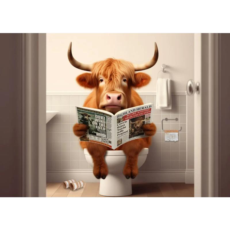 Modern Lion Dog Highland Sitting On Toilet Reading Newspaper Poster Funny Animal Print Canvas Painting Bathroom Decor Picture