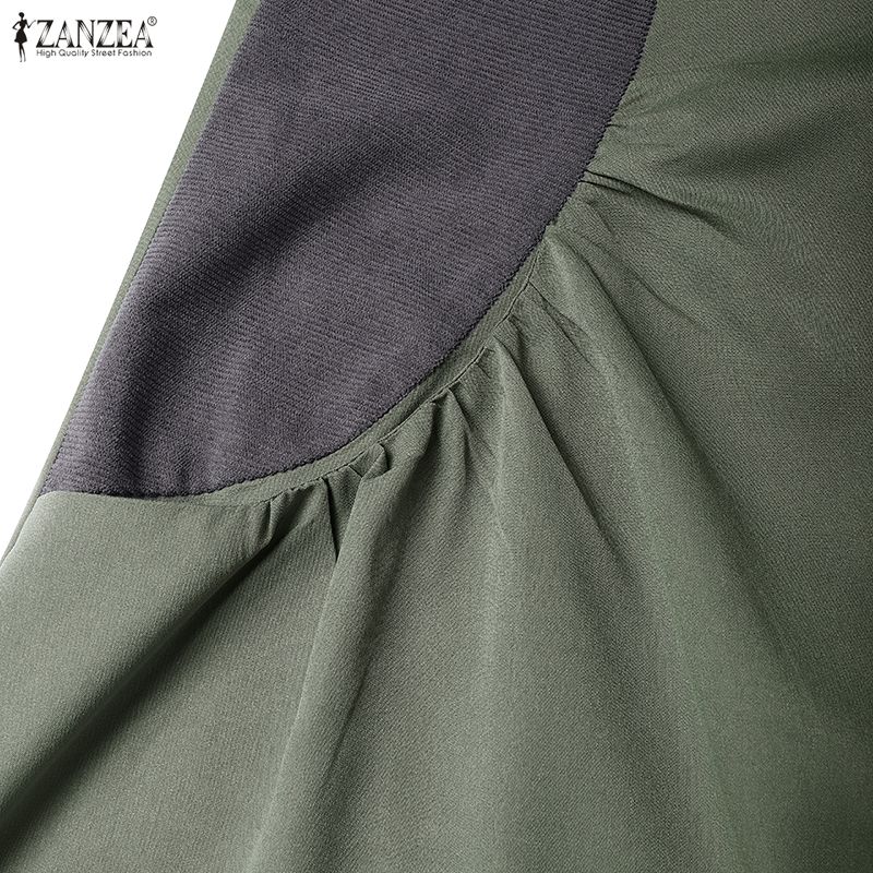 ZANZEA Women Casual Turn Down Collar Long Sleeve Loose Patchwork Dress