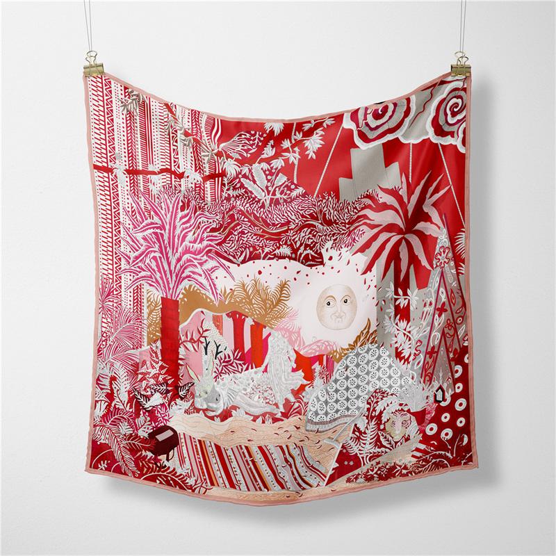 Twill Silk Scarf Woman Sun Foreast Painting Square Scarves Wraps Bandana Small Hijab Silk Foulards Tie Headband Neckerchief 53CM