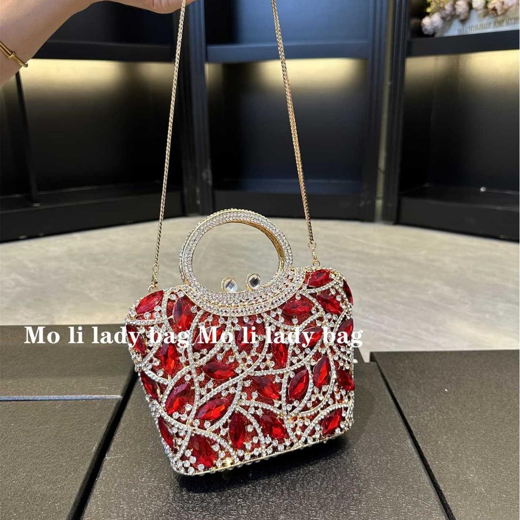 High-end party burgundy dress bag light luxury diamond-encrusted gold dinner bag women's exquisite messenger handbag