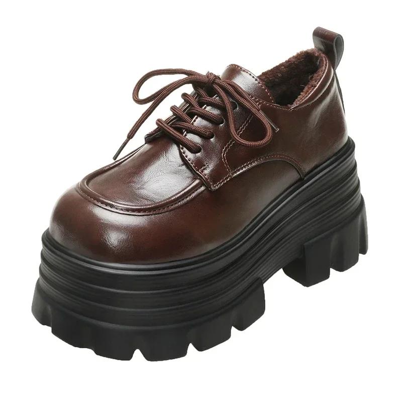 Mode 9CM Nouvelles Femmes Hiver Chaud Baskets Lacets Plateforme Haute Chaussures en Cuir Femme Gothique Bottines Cheville Rock Semelle Épaisse Chaussures Fourrure