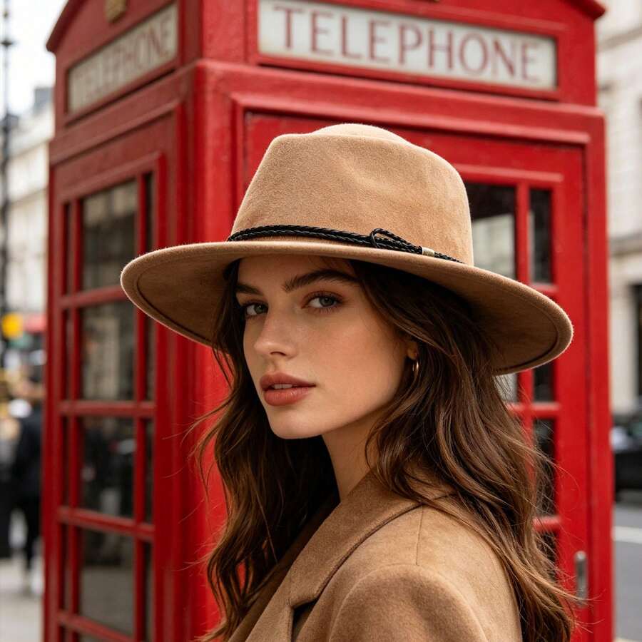 Vintage Western Wide Brim Felt Fedora Hat With Decorative Band For Women And Men