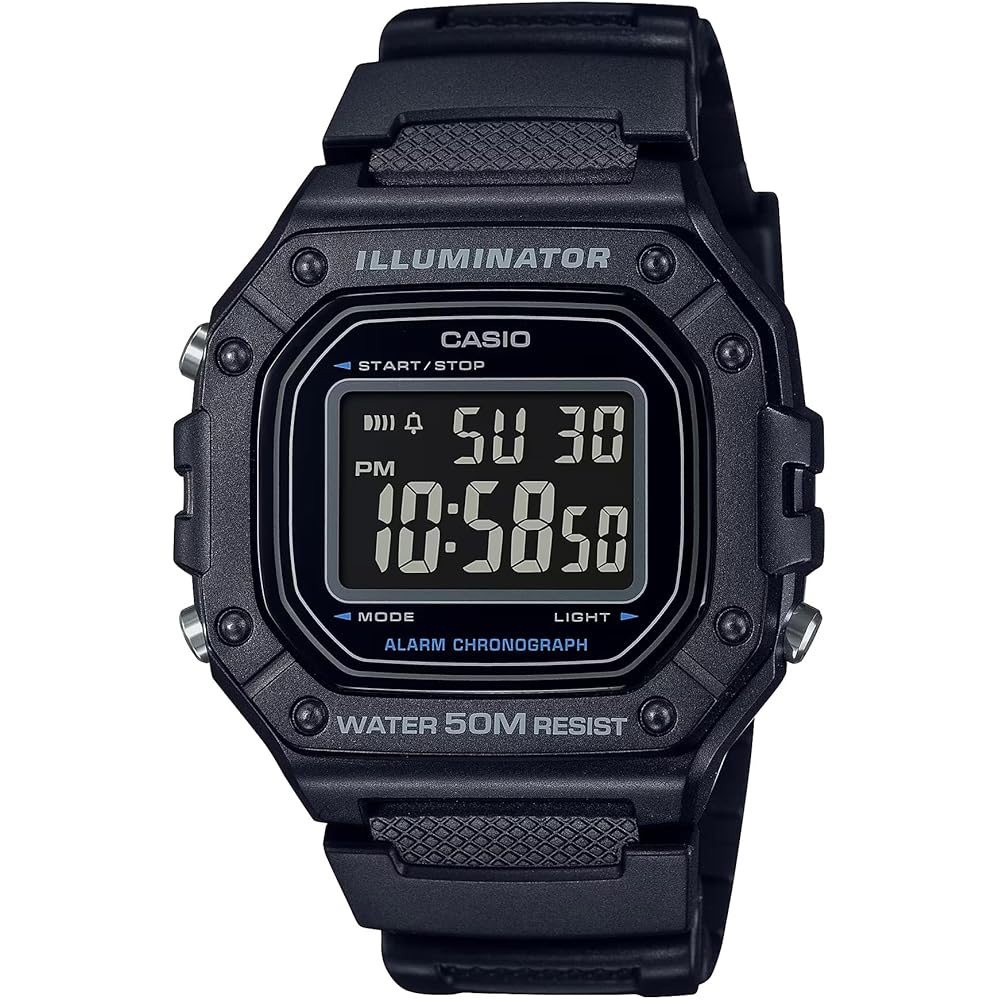 Casio W-218H Digital Watch Black Resin Band Unisex Modern Design Black White