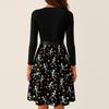 Women's Vintage Long Sleeve Square Neck Dress Halloween Skeleton Print Party Dress Retro Style Full Skirt with Waist Tie Belt