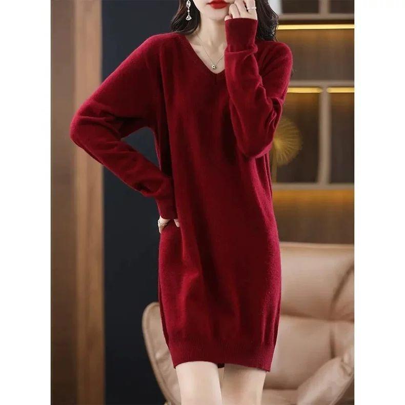 Fat Girl Lengthened Size Solid Color Sweater Casual All-match Autumn and Winter V-neck Hip Straight Skirt