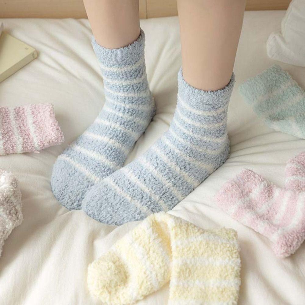 6Pairs Patchwork Thicken Velvet Socks Stripe Sleeping Socks Warm Coral Fleece Socks  Women