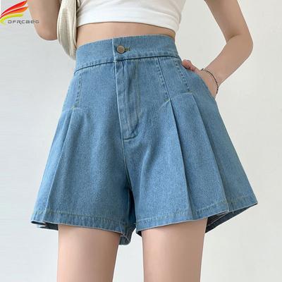 Pantaloncini di Jeans Estivi Taglie Forti per Donna Vita Alta Elastica Mini Pieghettati Taglia Grande