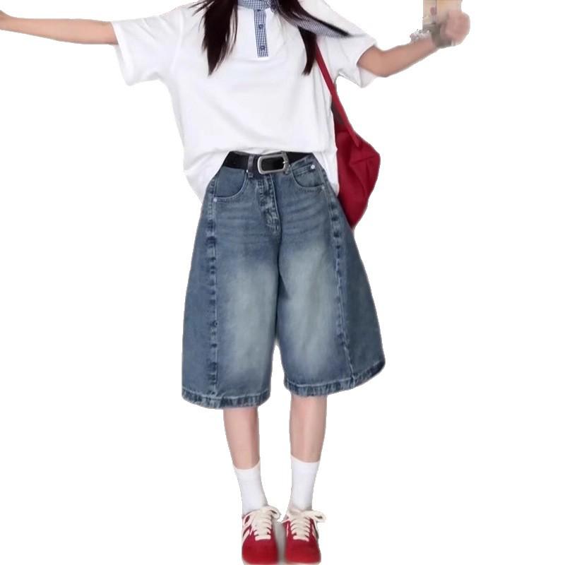 Women's Plus Size High-Waisted Retro Denim Shorts, Relaxed Fit, Mid-Length, Slimming, Straight-Leg, Summer Style.