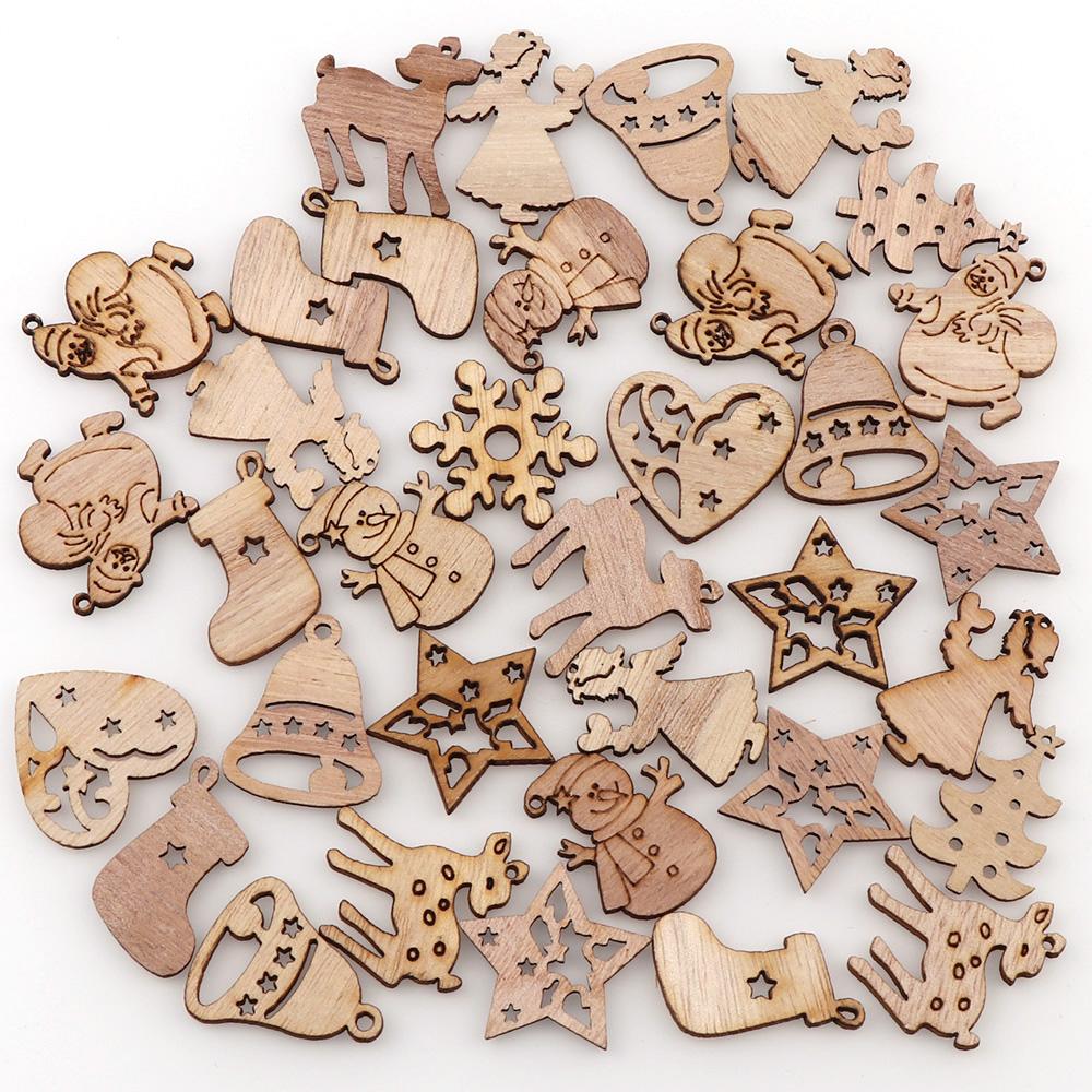 

50-150Pcs Christmas Natural Wooden Chip Santa Claus Snowflake DIY Crafts Xmas Tree Hanging Ornament Pendant Home Decorations