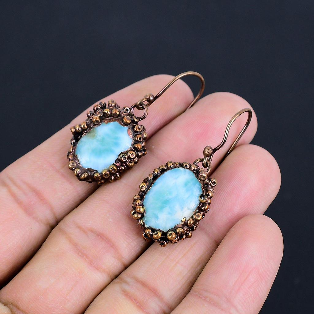 Larimar Earrings, Copper Electroformed Jewelry, Gemstone Earrings, Gift For Her Handmade Dainty Jewelry