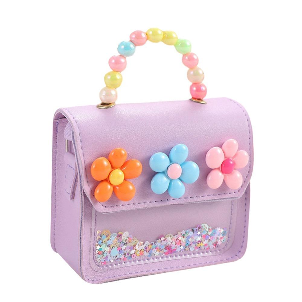Cute Flowers Children's Handbags Messenger Bag Sweet Girls Pearl Shiny Kids Shoulder Bag Cartoon PU Leather Crossbody Bags
