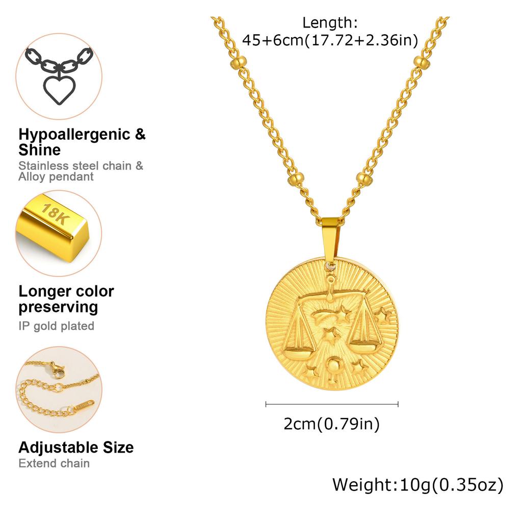 Stainless Steel Zodiac Constellation Necklace for Women, Amulet Round Coin Pendant Vintage Jewelry Birthday Gift