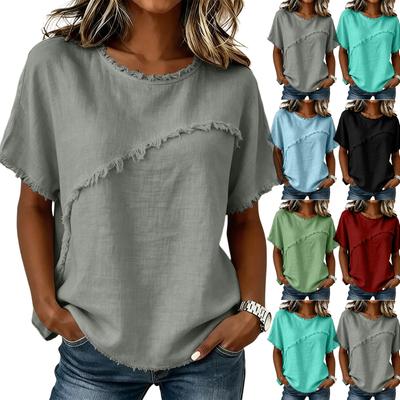 Women's Summer Casual V-neck Linen Blouse Light Loose Short-sleeved Shirt