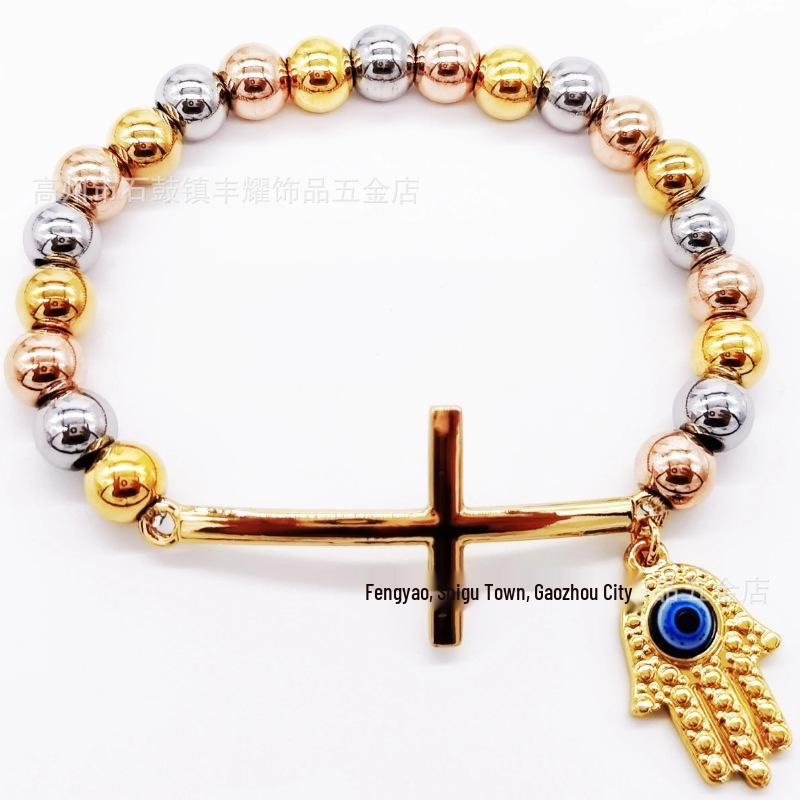 8mm Random Three-Color Bead Stainless Steel Handcrafted Cross Bracelet