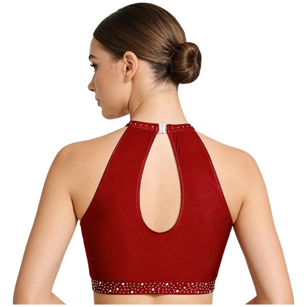 Top Cropped Lyrical Dance Feminino Brilhante com Strass Sem Mangas Costas Vazadas Regata Fantasia de Dança do Ventre