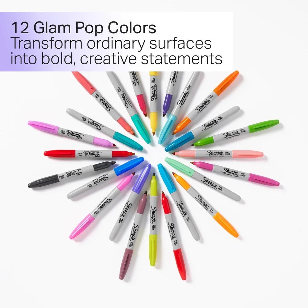 Glam Pop Permanent Markers Fine Point 12 Count Assorted Colors Quick Dry Waterproof Artist School Supply Ideal Crafts Drawing