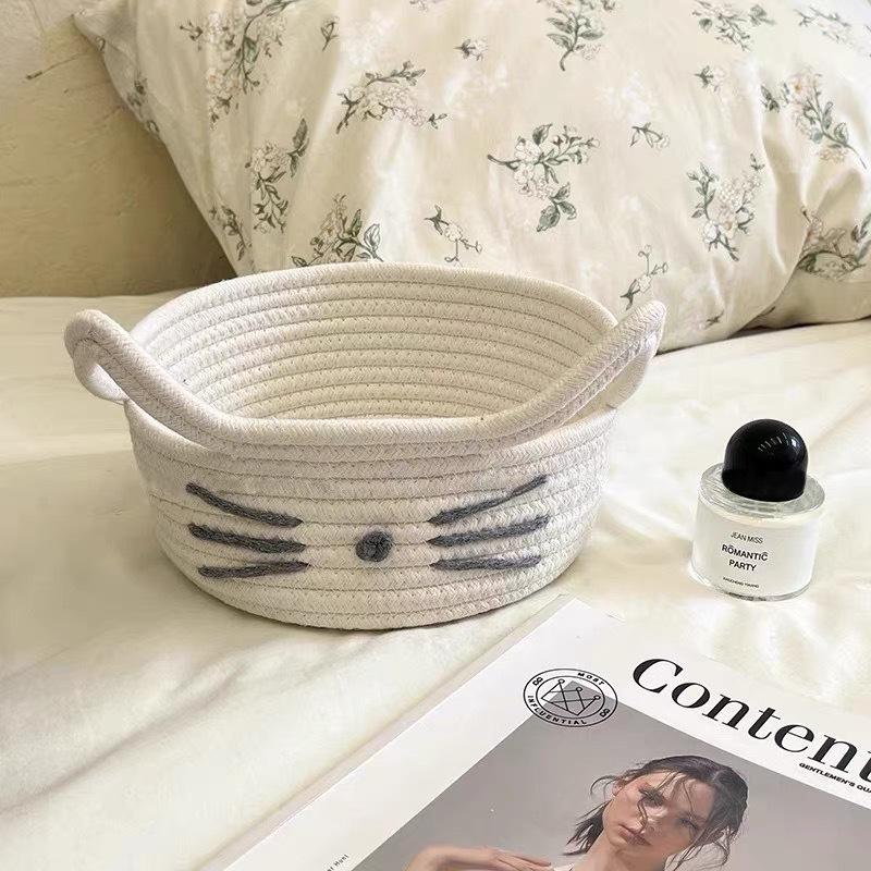 Cartoon Cat Ear Cotton Rope Storage Basket – Desktop Organizer for Cosmetics, Snacks, and Sundries