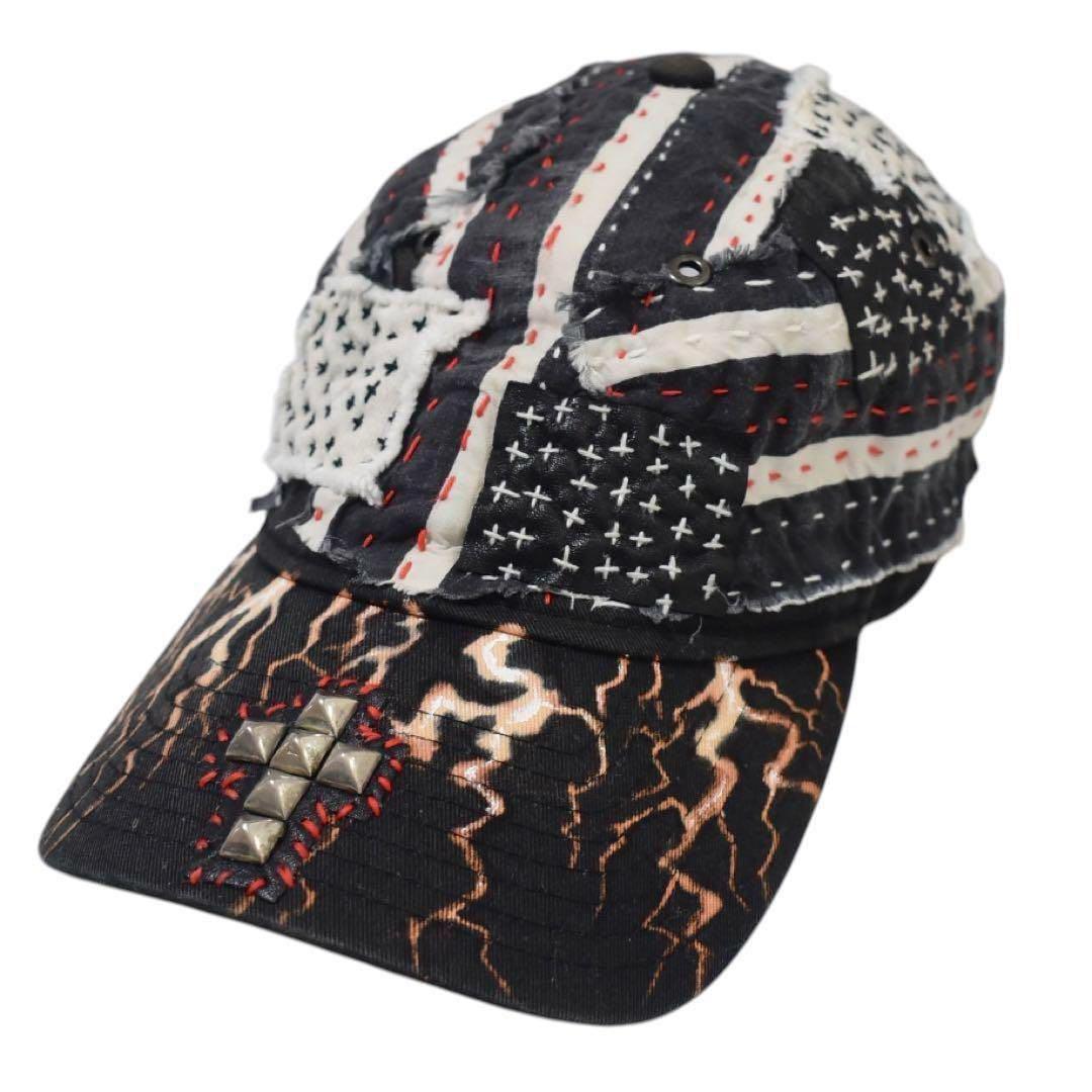 

[USED] One-of-a-kind NEW ERA custom sashiko Thunder cap in black and white with cross studs