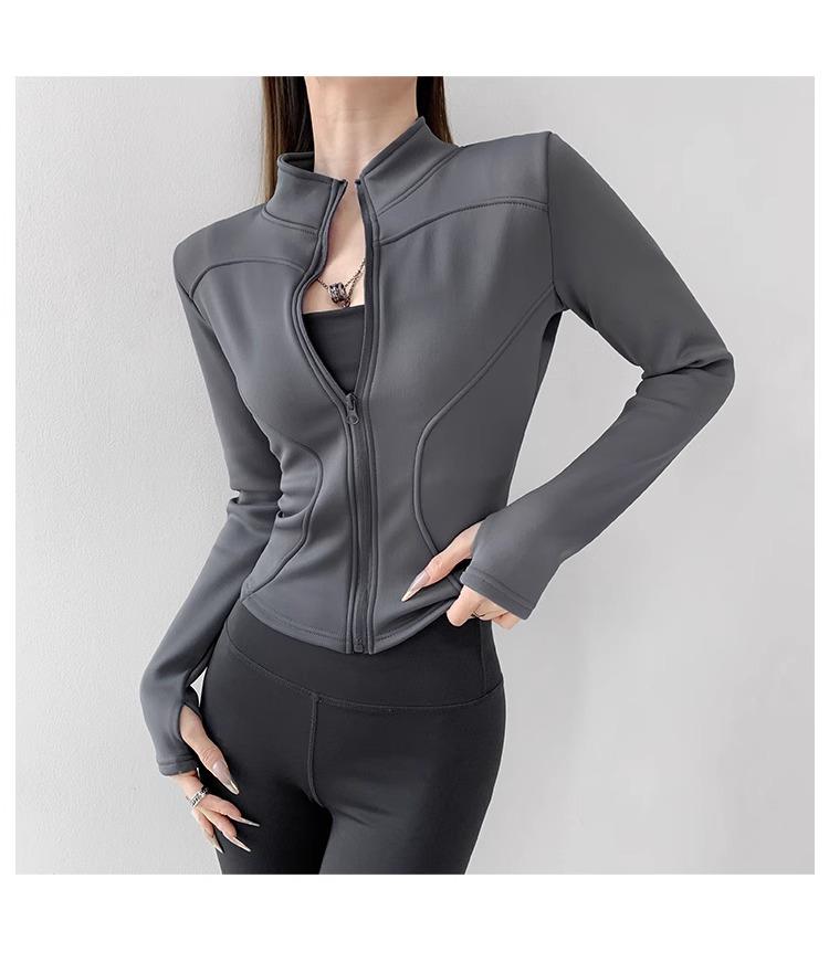 Women's Velvet Plus Long Sleeve Fitness Jacket - Slimming Stand Collar Yoga Top