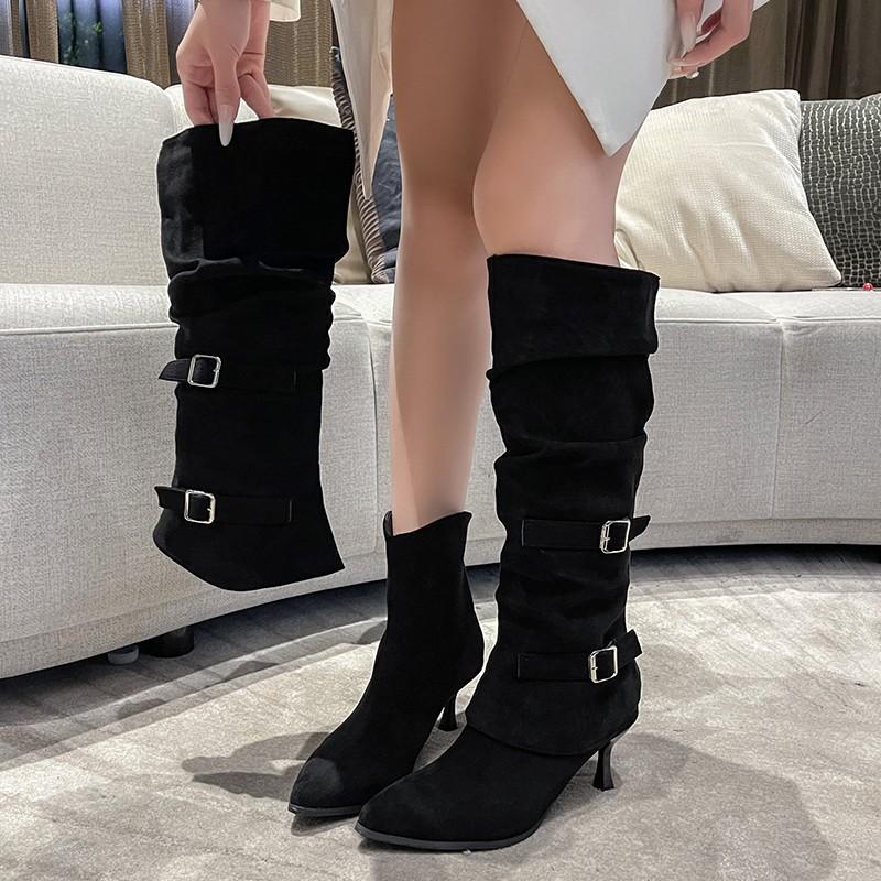 Pointed high-heeled skinny boots women's boots 2025 new autumn thin-heeled khaki suede piled knight boots