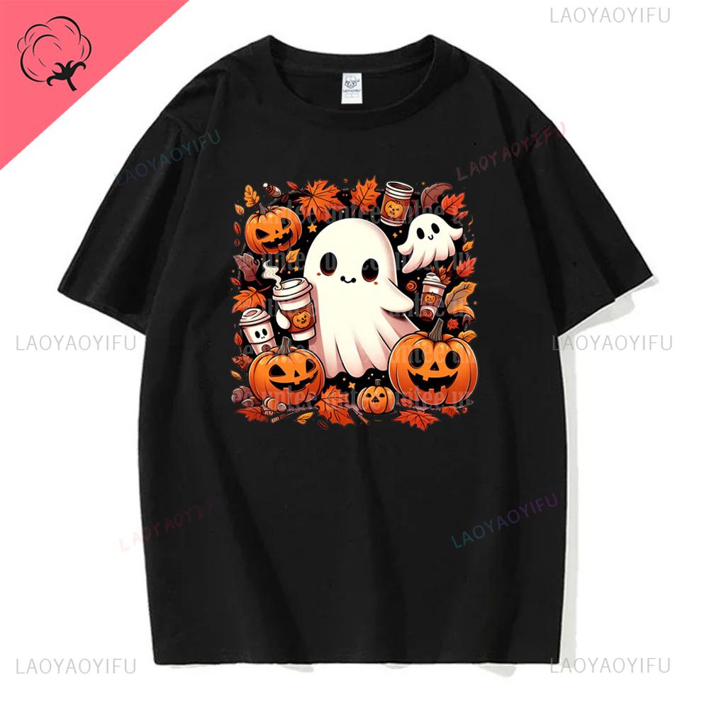 Jack Lanterns  Women Ghost Pumpkin Bat Skeleton Print Round Neck Pullovers Cotton Shirt Graphic T Shirts Y2k Top Harajuku Tops