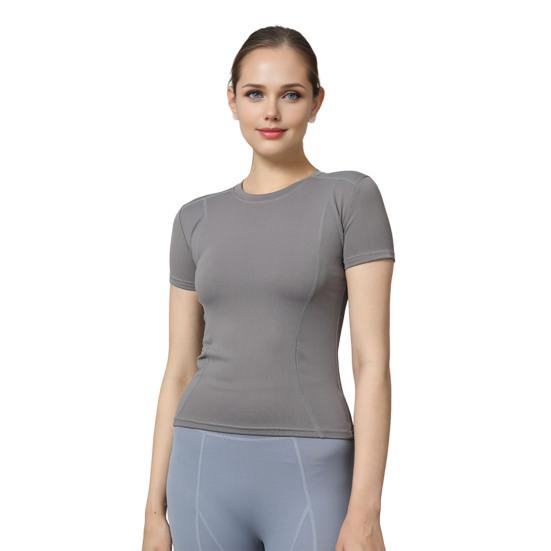 Women Sports Top Solid Color High Elastic Quick Drying Workout Shirt Short Sleeve Crew Neck Gym Apparel for Yoga Fitness
