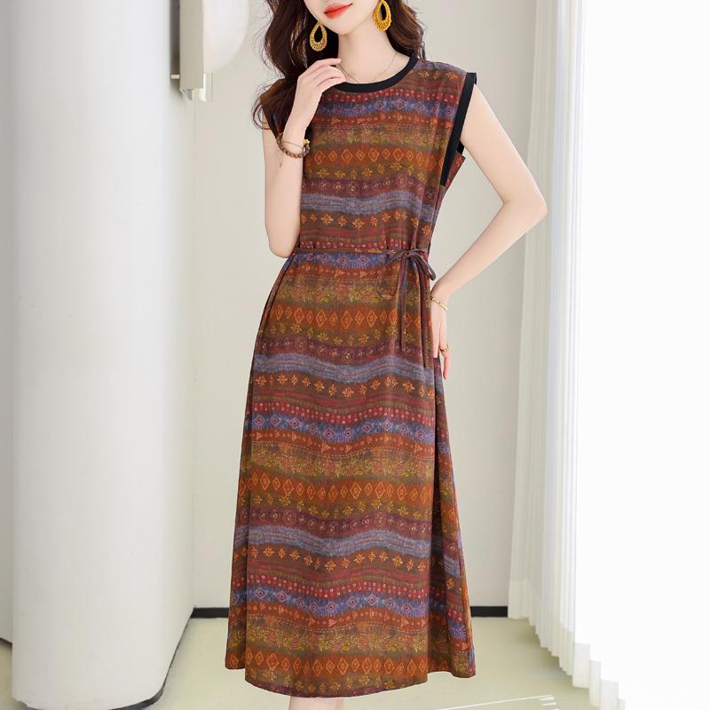 Women s Plus Size Sleeveless Printed Long Dress – Casual Summer Drawstring Dress (XL-4XL) XL