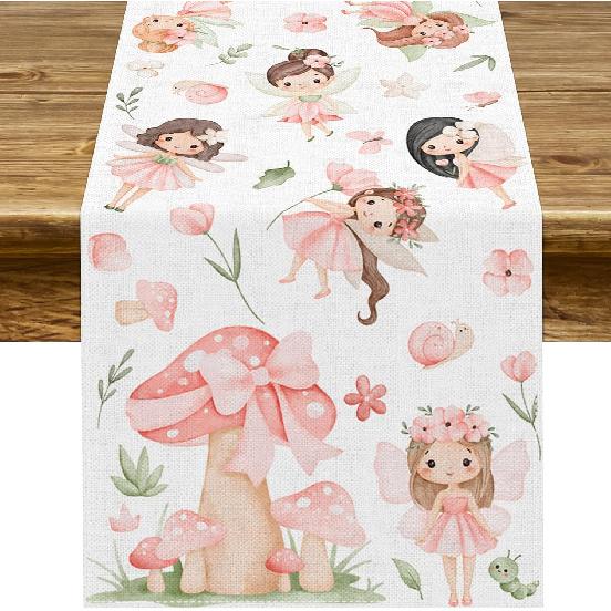 Pudodo Fairy Table Runner Enchanted Theme Girls Birthday Party Decoration Elf Mushroom Kitchen Dining Room Home Decor
