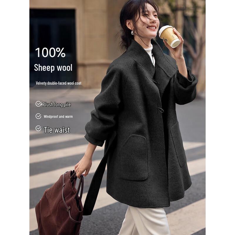 XWI Women's 100% Wool Stand Collar Double-faced Coat