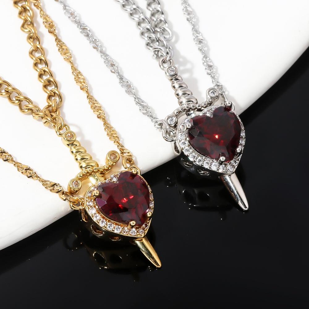 New Geometry Zircon Sword Heart Pendant Double layer Necklace Women's Trendy Fashionable Versatile Sweet Exquisite Jewelry Gift