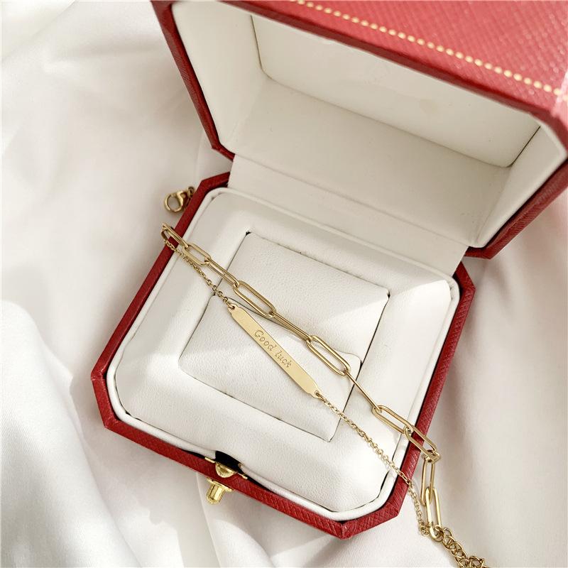 Square Pendant Double Layer Bracelet - 18K Gold Plated Titanium Steel, Fashionable European & American Good Luck Chain for New Year.