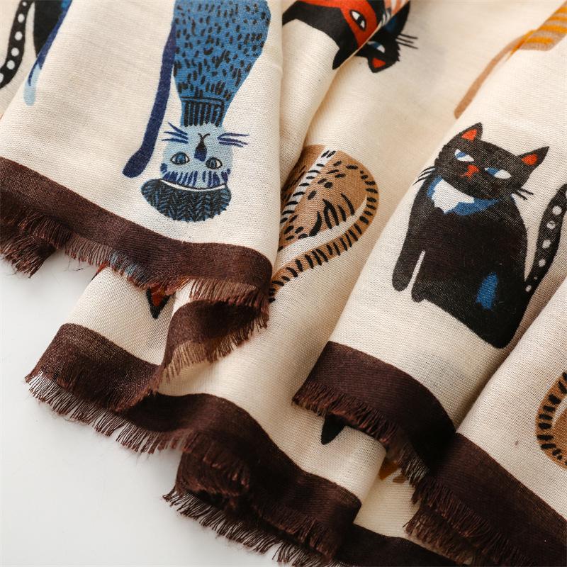 Autumn/Winter Cotton-Linen Silk Scarf: Fashionable Cartoon Kitten Print Shawl for Women