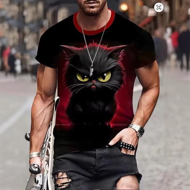 Summer Round Neck 3D Cartoon Cat Print Top Fashionable Casual Short Sleeved Men's T-shirts