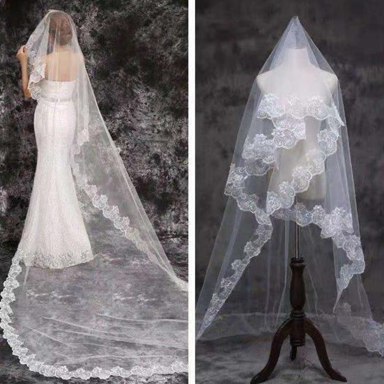Bridal Veil Single Layer Lace Embroidered Headgear Long Style Dress Matching Wedding Headpiece Photo Shoots Props