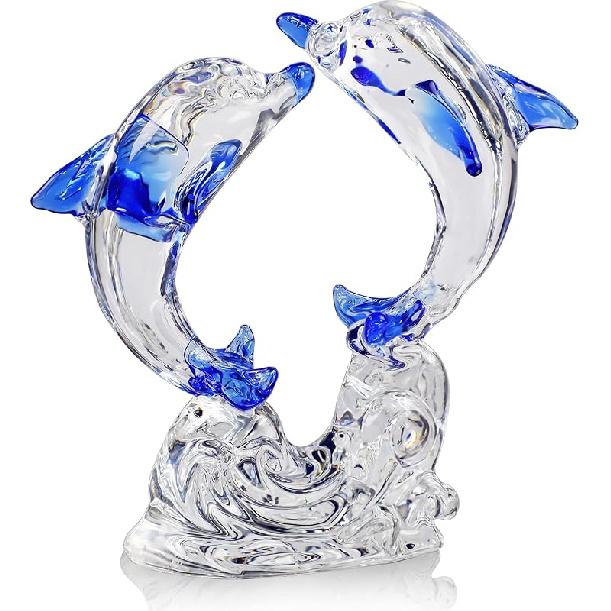 H&D HYALINE & DORA Double Crystal Glass Dolphins Figurines Collectibles, Sea Animal Sculpture Statue, Home Desk Decoration Ornaments