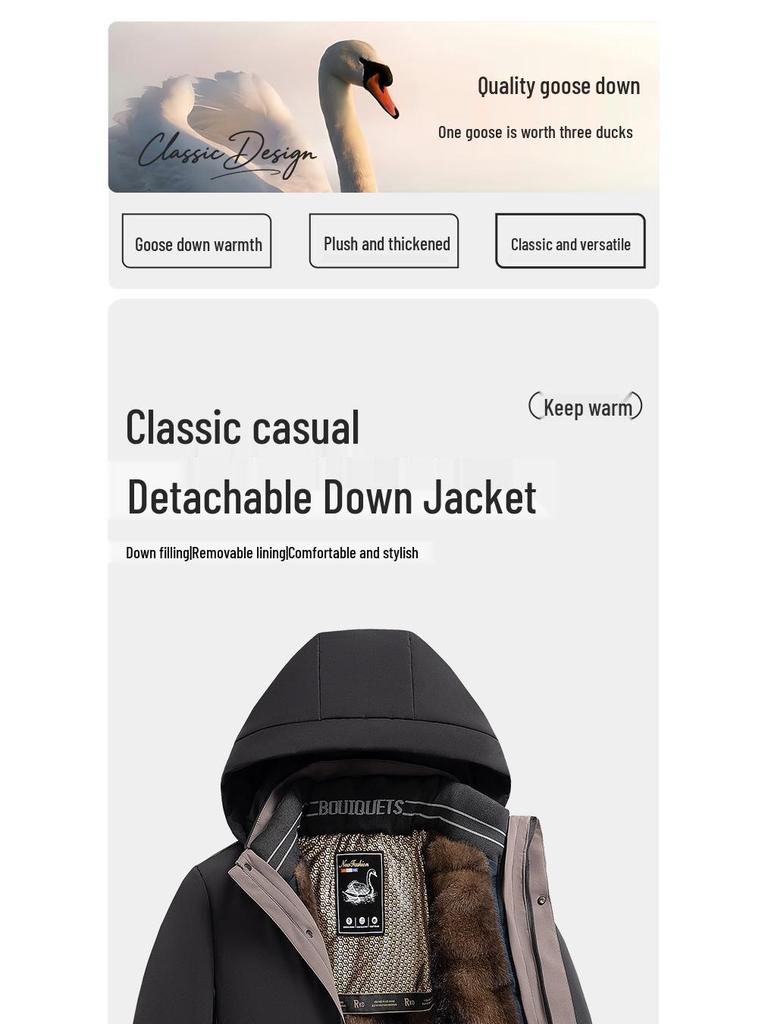 2025 Winter Men's High-End Thickened Goose Down Jacket with Detachable Liner.