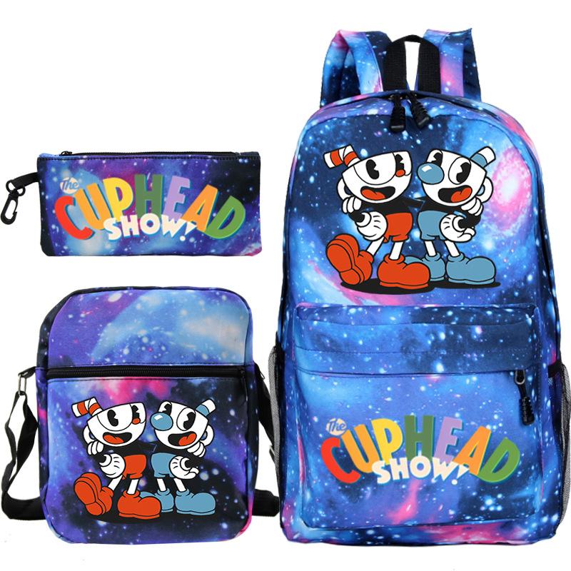 Cartoon Teacup Head Cuphead Student Backpack Oblique Span Bag Pencil Bag Primary And Secondary School Students Children'S Schoolbag Three-Piece Set