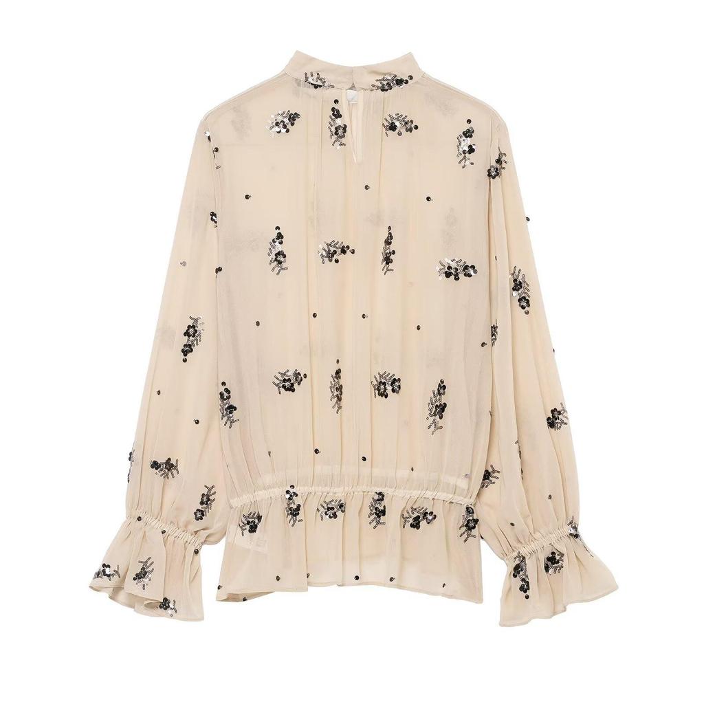 2025 Winter European & American Fashion: Versatile Semi-Transparent Sequin Long-Sleeve Shirt