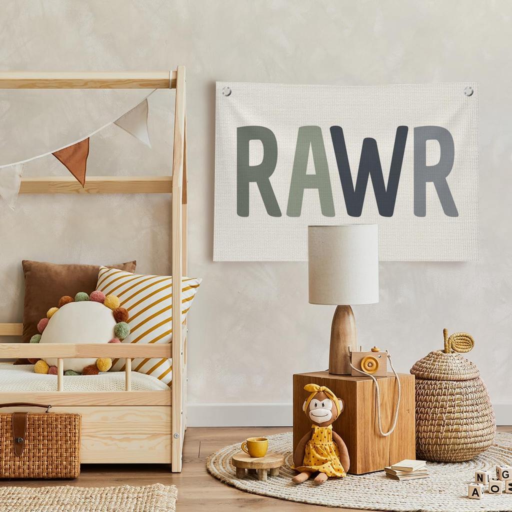 Funny Dinosaur Wall Decor for Boys Toddler, Green Dinosaur Banners Room Decor for Kids Bedroom Classroom Playroom, Rawr Canvas Banner Wall Hanging