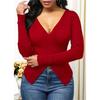 V-Neck Women's Ribbed Knit Slim Fit Cross Blouse Shirt Top