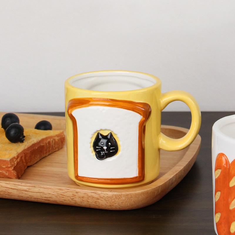 Japanese 3D Relief Cat Baguette & Toast Ceramic Mug Cute Cartoon Breakfast Milk Coffee Cup Drinkware Gift