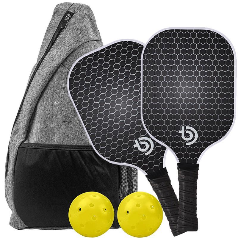 Pickleball Paddle Set With Fiberglass Construction Training Competition Includes 2 Paddles 4 Balls 1 Gray Carry Bag