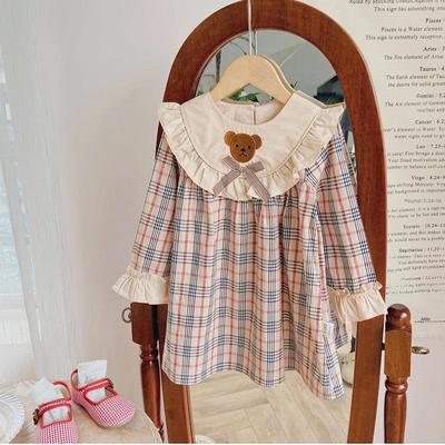 Niedliches Teddybär-Plaid-Kleid für Mädchen 2024: Langärmeliger Volant für Frühling & Herbst