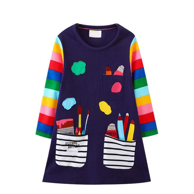 Girls Autumn A-Line Short Sleeve Cotton Dress with Embroidered Pocket 90 чёрный