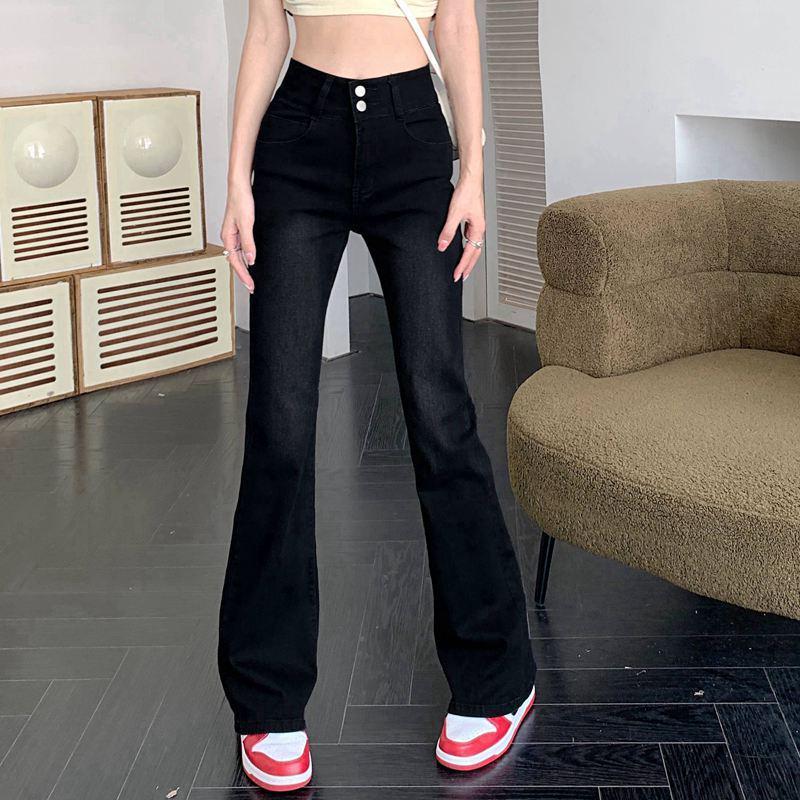 Women's Black & Grey High-Waisted Micro-Flare Jeans - Stretch, Slimming, Versatile Bell Bottom Pants for Autumn/Winter 2022