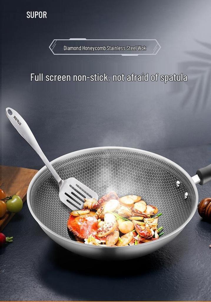 Supor Honeycomb Non-stick 316 Stainless Steel Wok with Large Spoon