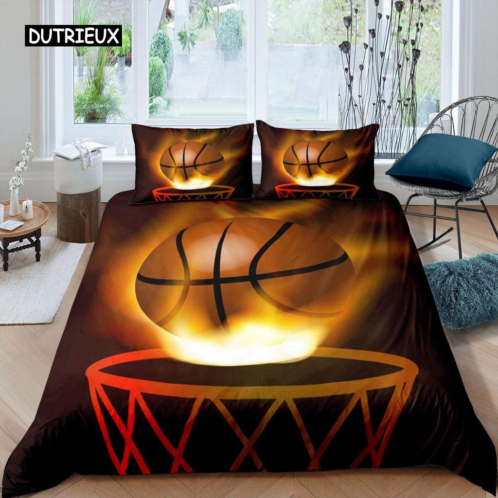 Conjunto de capa de edredom de basquete preto 3D bola tema esportes conjunto de cama microfibra quadra de basquete jogos competitivos king colcha capa